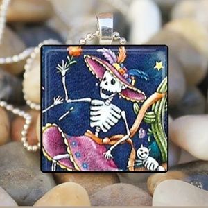 Dancing Skeleton Women In Pink Glass Tile Necklace